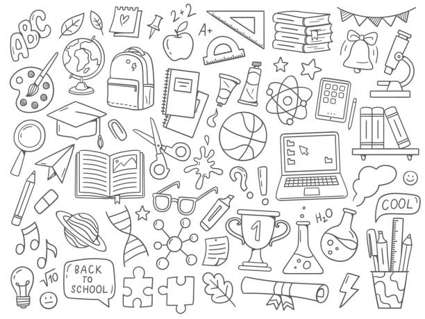 stockillustraties, clipart, cartoons en iconen met back to school doodles. school supplies and educational elements. hand-drawn vector illustrations isolated on a white background. - teacher