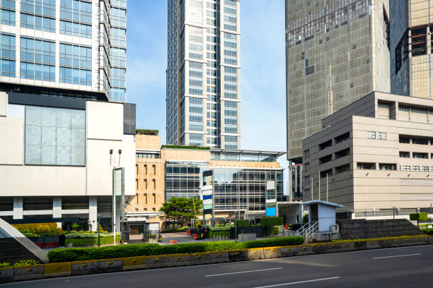 Low angle view of skyscrapers in Jakarta. Skyscrapers and office building with blue sky background