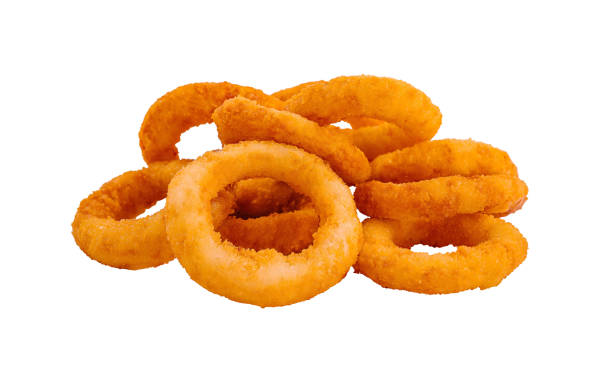 Crispy golden onion rings isolated on white