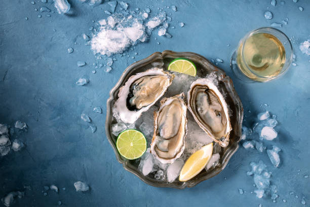 istock Oysters on a plate with lemon and lime, on ice, overhead flat lay shot 2153958326