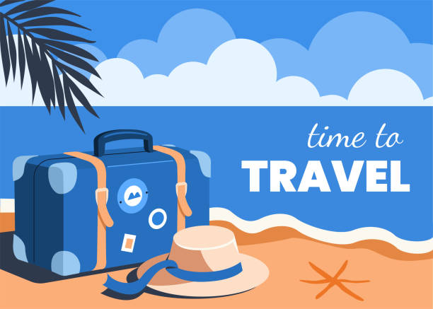 Vintage luggage and hat on the sandy beach. Summer holidays, travel, vacation retro minimal poster. Vector illustration.