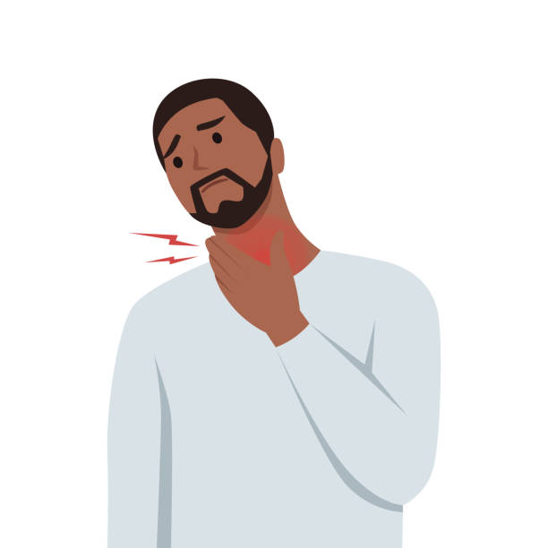 mladý muž se dotýká krku, protože ho bolí v krku. - hrdlo stock ilustrace