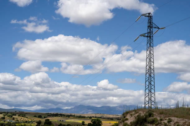 Paisaje natural con una torre de alto voltaje bajo el cielo azul