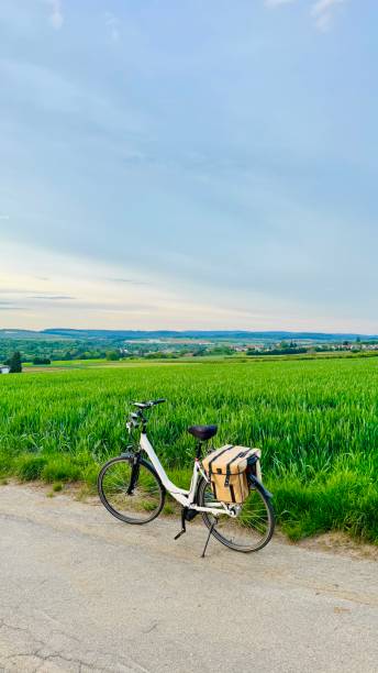istock Electric bicycle with golden saddlebag on a rural road 2153968066