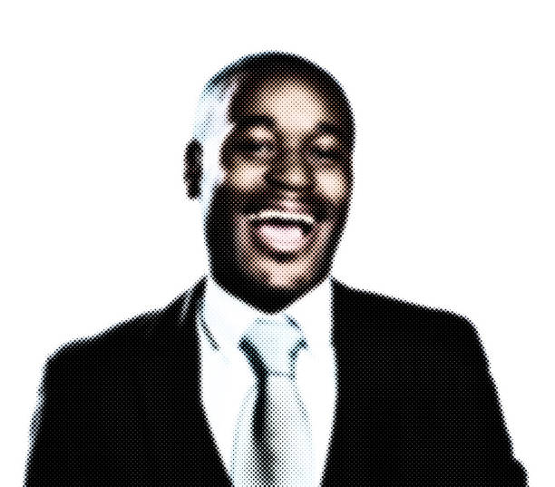 Businessman smiling and laughing happily. Rendered in strong black-and-white halftone with added color for a hand-colored retro effect.