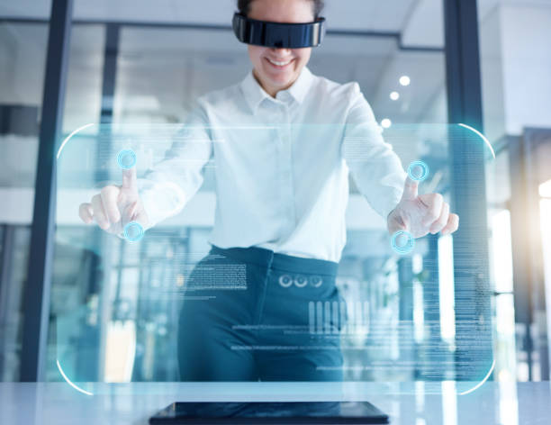 istock Business woman, hands and VR with 3D UI hologram in digital transformation, analytics or data innovation. Female in virtual reality with headset for futuristic technology, UX or holographic display 2153971910