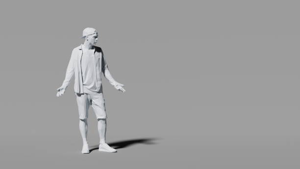 istock Casually dressed man stands in a casual questioning pose in a simple setting, casting a soft shadow on a gray background. 3d render 2153972579