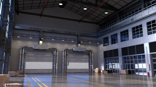 istock Clean warehouse with pallets and packages. Sunlight streams through large windows. 3d render 2153972595