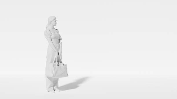 istock Woman stands alone holding a tote bag in a stark on white background. 3d render 2153972607