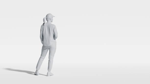istock A lone woman stands thoughtfully in a stark white, open space, radiating tranquility. 3d render 2153972608