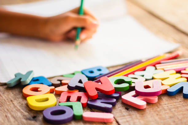 istock The concept of thinking development, grammar. Magnifier placed on English letters 2153973038