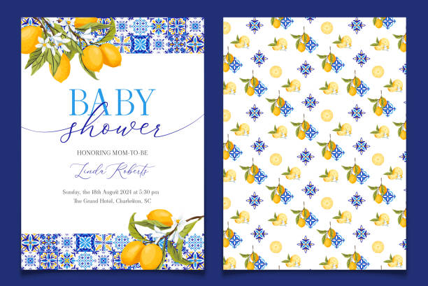 Lemon Blue Tile Baby Shower Invitation Template. Lemon Blue Tile Baby Shower Invitation Template, Mediterranean Amalfi Coast Baby Shower Invitation. Italian theme tuscan beach party, Coastal Baby. Vector illustration. amalfi food stock illustrations