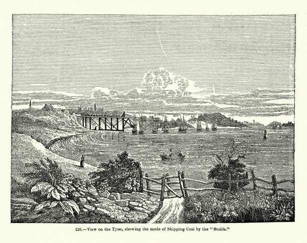 History of Mining, Ships on the River Tyne loading coal, Coal Staith, Vintage Illustration, 1850s 19th Century