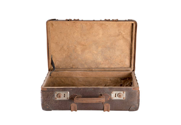 istock Old open brown worn out empty suitcase isolated on white background with clipping path 2153982101