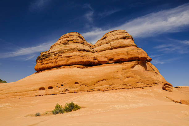A stunning sandstone formation set against a clear blue sky. The rock formation, with its distinct layers and weathered texture, stands prominently in a desert landscape. The rich, warm tones of the sandstone contrast beautifully with the deep blue of the sky, creating a striking and dramatic scene. Small shrubs dot the sandy foreground, adding a touch of greenery to the arid environment.
