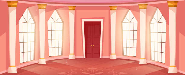 Ballroom hall background. Cartoon medieval castle interior with tall windows, royal grand hall vector illustration Ballroom hall background. Cartoon medieval castle interior with tall windows, royal grand hall vector illustration of ballroom in castle, hall interior medieval banquet chairs stock illustrations