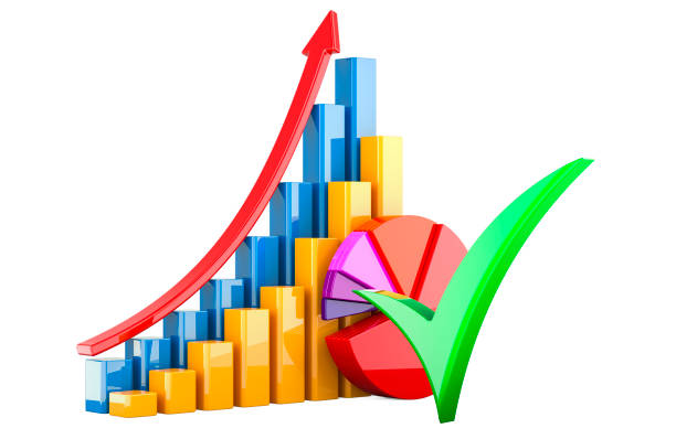 istock Pie charts, diagrams, bars with growth arrow and green check mark, 3D rendering 2153989801