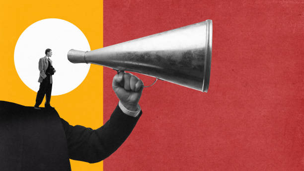 istock Broadcasting Power. Hand with man holding large megaphone. Authoritative voice of control, in politics, media, corporate leadership. Contemporary art collage. 2153990028