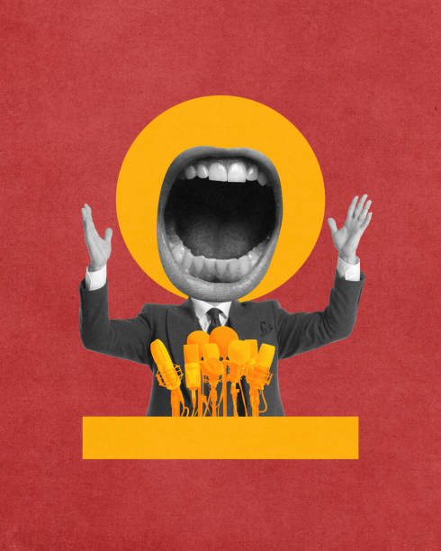 Authority. Businessman headed with giant open mouth talking emotionally in broadcasting microphones. Controlling society. Contemporary art collage.