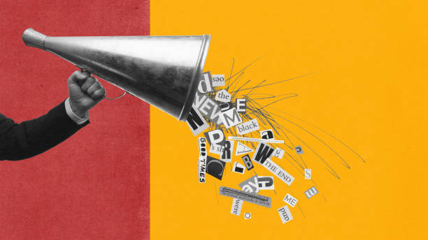 News source. Hand holding megaphone with newspaper heading splitting around. Contemporary art collage.