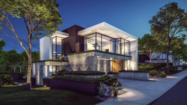 istock 3d rendering of modern house in luxurious style in night 2153990253
