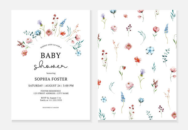 Garden Flowers Baby Shower Invitation Card Wildflowers and botanical leaves watercolor hand drawing. Universal templates for baby shower, wedding and birthday invitations, menu and greeting cards floral menu card stock illustrations