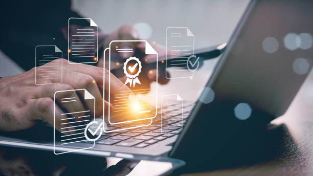 ISO standards quality control, assurance and warranty business technology concept. Touching on screen with ISO and globe icons on smart background. ISO Standard certification. Modern ISO banner.