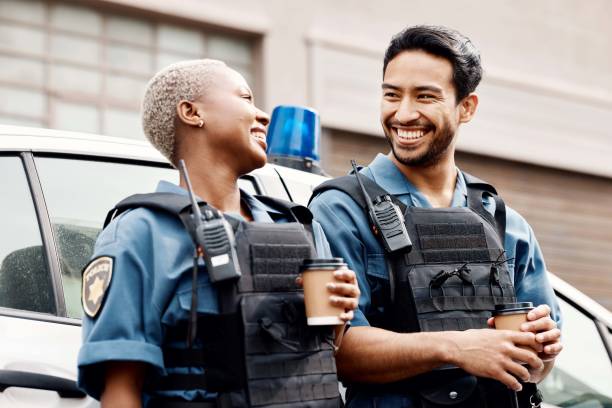 Car, coffee or police partner in city for protection, law enforcement or crime on a break together. Lunch, funny policeman or happy woman security guard laughing or standing for justice or teamwork Lunch, team or police officers in city for protection, law enforcement or crime on a break together. Coffee, funny policeman or happy woman security guard laughing or standing for justice or teamwork happy car asian stock pictures, royalty-free photos & images