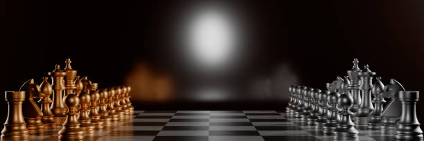 Bronze and silver chess pieces arranged on a board with a blurred background.3d rendering