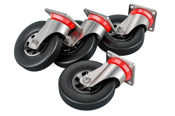 Swivel caster wheels for trolleys. 3D rendering isolated on white background