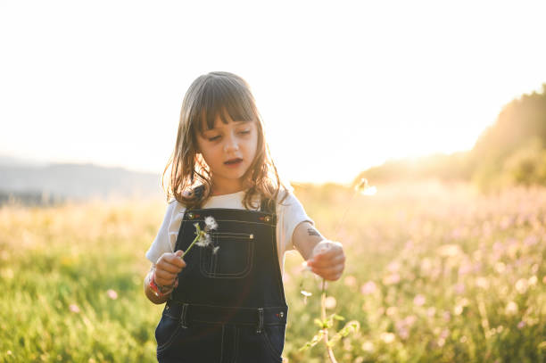 Cute girl in sunset nature.