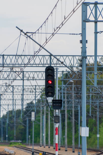 istock Traffic light for trains. Red traffic light. Railway traffic. 2154024351