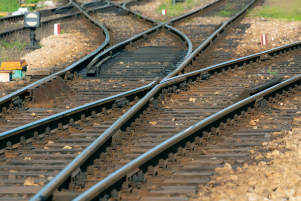 Fork in the railway tracks, close-up. Transport, rail traffic, rail freight.