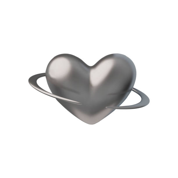 istock 3D glossy chrome heart shape with ring in Y2K style, vector volume silver melting love symbol, metallic romantic emoji 2154028830