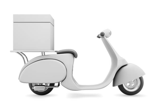 istock Online food order delivery on mobile illustration with scooter. E-commerce concept. Online package ordering infographic. Fast parcel delivery on a scooter to a mobile phone. Delivery design mockup. 2154035704