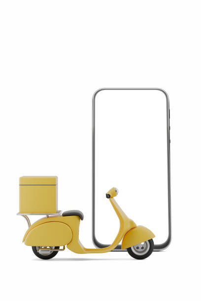 istock E-commerce concept. Online package ordering infographic. Online food order delivery on mobile illustration with scooter. Fast parcel delivery on a scooter to a mobile phone. Delivery design mockup. 2154035727