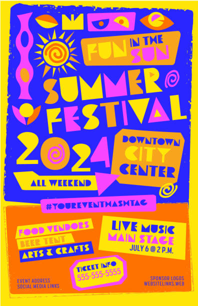 illustrations, cliparts, dessins animés et icônes de modèle d’affiche de festival d’été avec texte de placement et éléments de style risograph abstraits colorés - festival traditionnel