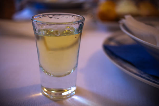 Traditional Serbian Brandy Rakija Yellow traditional drink from Serbia made out of a plum. serbian raki stock pictures, royalty-free photos & images
