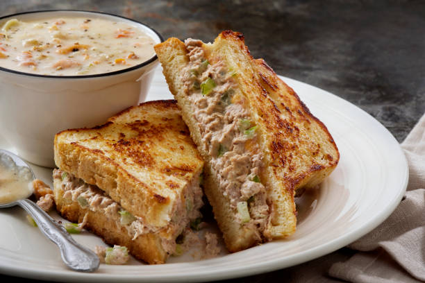 istock Tuna Melt Grilled Cheese Sandwich with Clam Chowder 2154044170