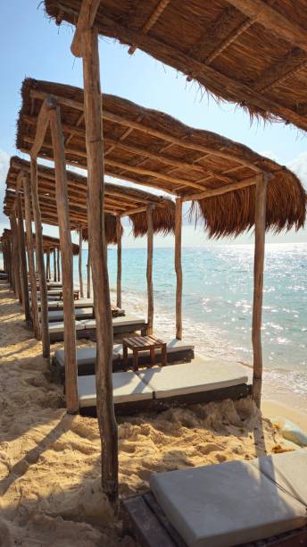 istock A Row of Beach Chairs with Huts. 2154050064