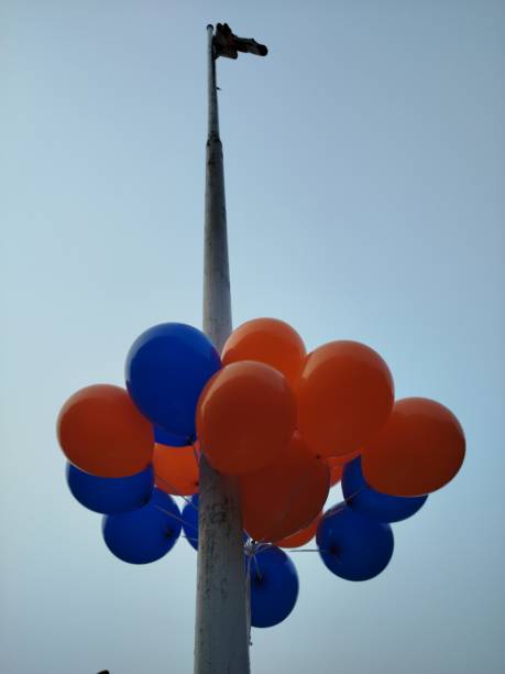Bronze star shape and white colored helium balloons in back yard under the tree, decoration for party