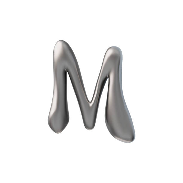 istock 3D glossy silver letter M with liquid metal surface, vector realistic chrome voluminous y2k font type bubble form design 2154066235