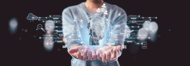 istock Businessman is showing concept of future technology and internet connection network with AI as controller. A graphic floated in the air on his hand. Data center network concept. 2154070694
