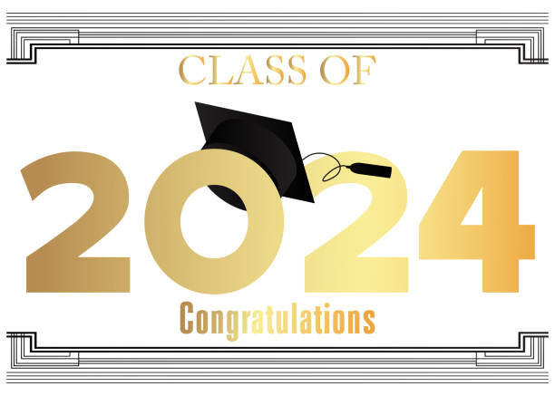istock Black and gold class of 2024 Graduation design template on white. Vintage party invitation, congratulation event, greeting card. Vector high school or college graduate poster with retro art deco elements. 2154071908