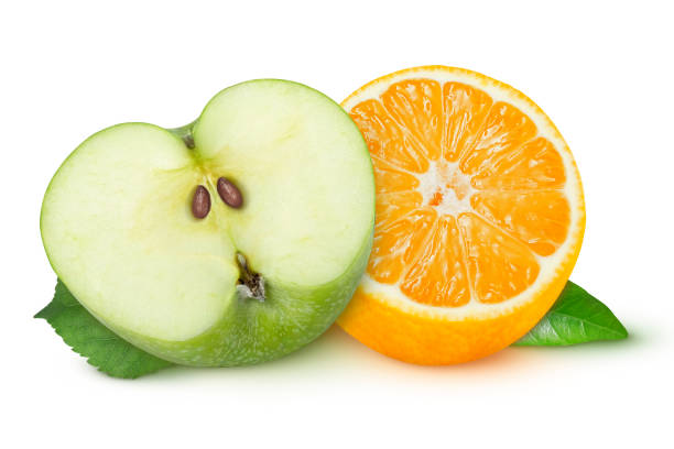 istock Apple and orange slice on isolated white background. 2154074076