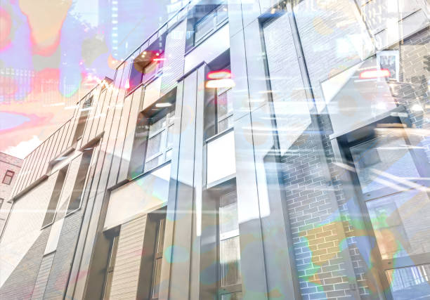 multiple exposure background. office building in the city. wide angle view.