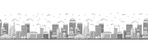 Seamless pattern with outline Des Moines Iowa City Skyline. Modern Buildings Isolated on White. Des Moines USA Cityscape with Landmarks. Seamless pattern with outline Des Moines Iowa City Skyline. Modern Buildings Isolated on White. Vector Illustration. Des Moines USA Cityscape with Landmarks. des moines silhouette stock illustrations