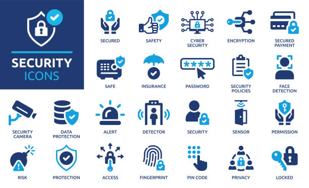security icon set. solid icon collection. - güvenlik kamerası stock illustrations