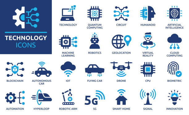 Technology icon set. Solid icon collection. Containing 5g, ai, robotics, iot, biometric, geolocation, cloud computing and automation icon. data icons solid stock illustrations
