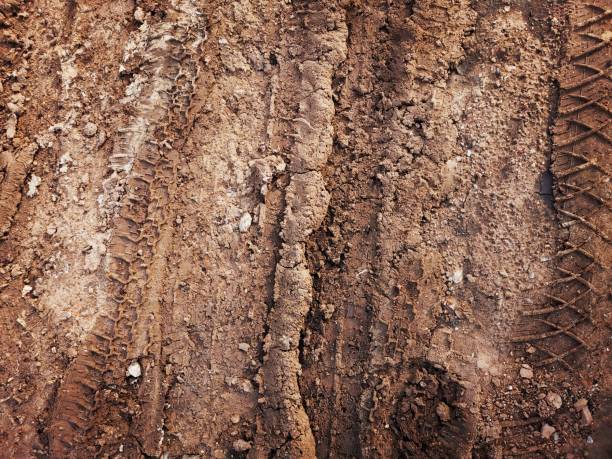 istock Wheel tracks on the soil road background or texture 2154083243